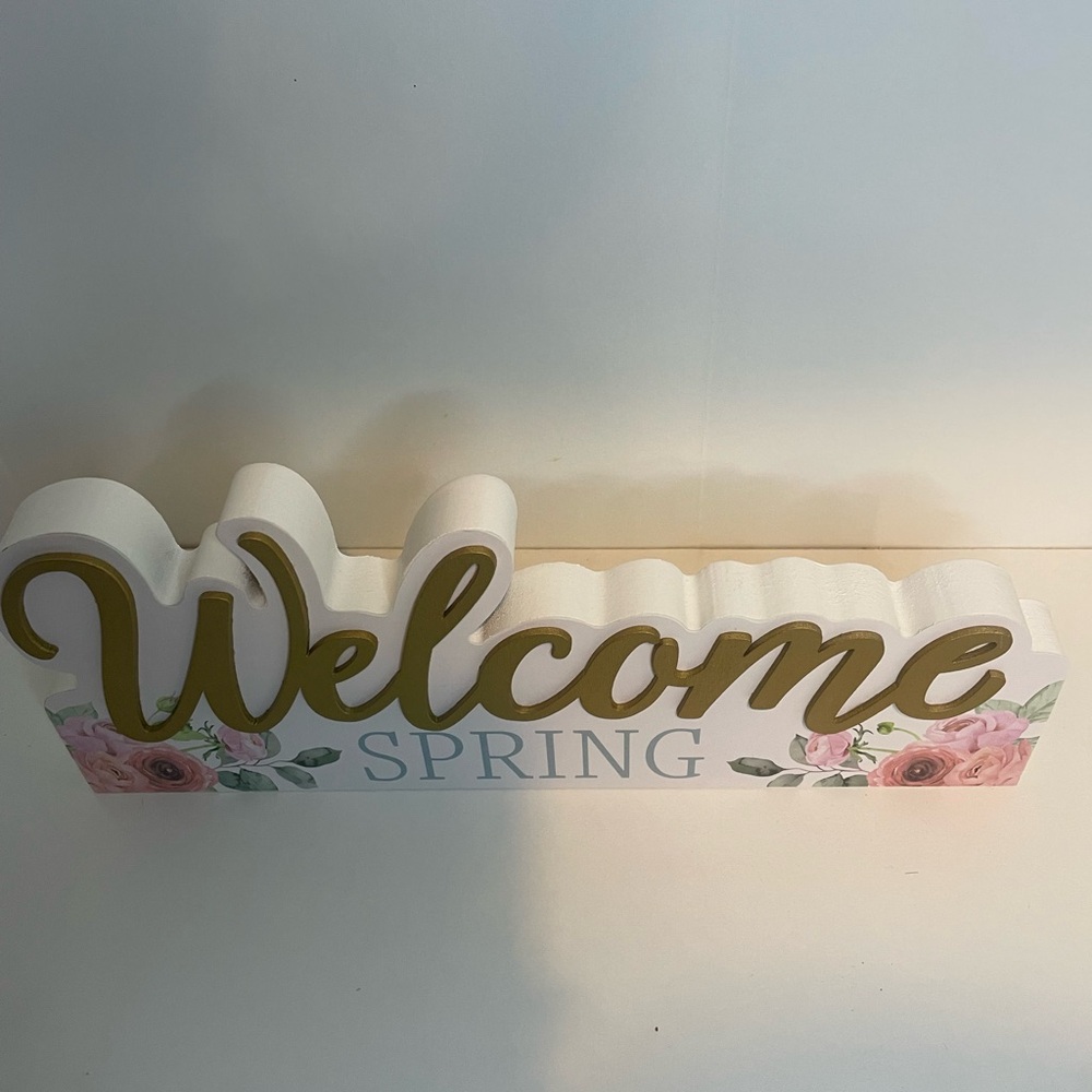 Gold and Pink Floral Spring Welcome Sign, Tabletop Decor, Shelf Decor - Picture 2 of 4